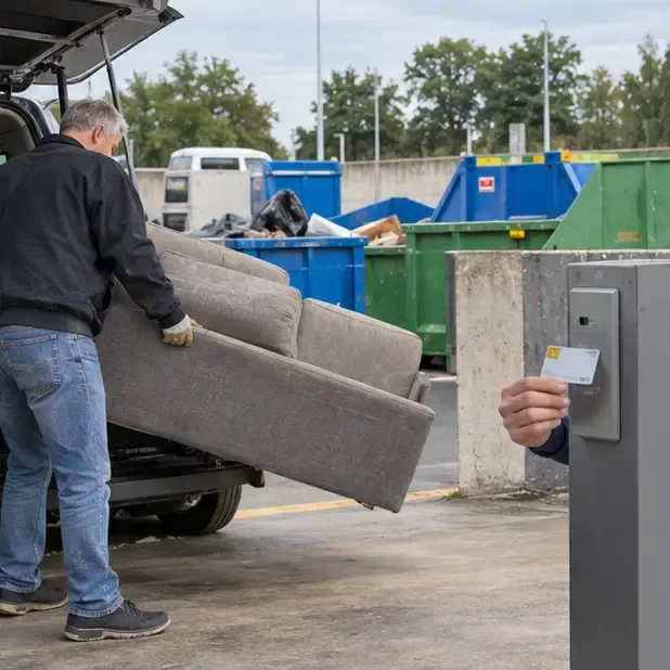 Een bankstel wordt bij een gemeentelijk afvalbrengstation uit een voertuig gelost terwijl een afvalpas wordt gebruikt