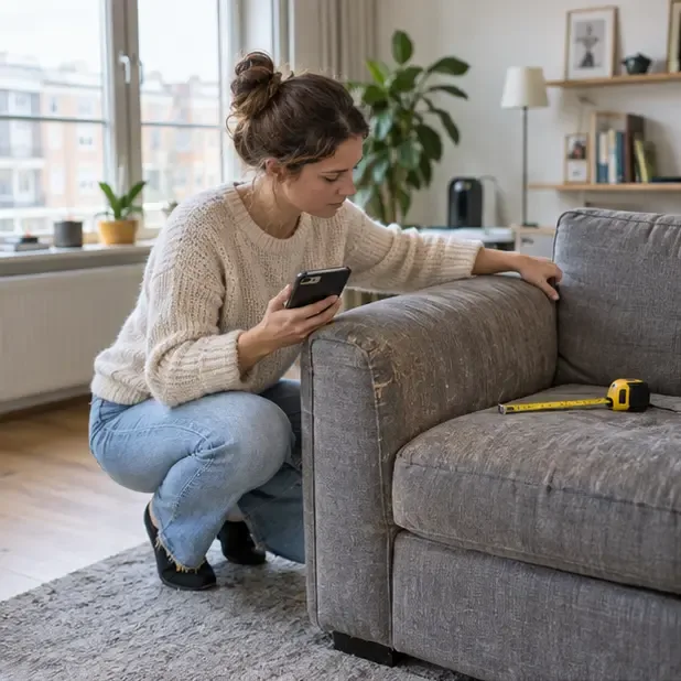 Een bewoner controleert de staat en afmetingen van een versleten bankstel met een telefoon en meetlint