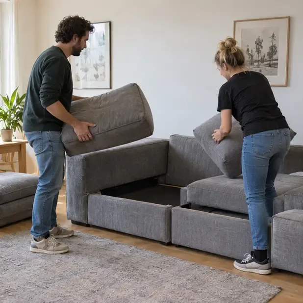 Twee volwassenen halen kussens en losse delen uit een modulair bankstel voordat zij het vervoeren