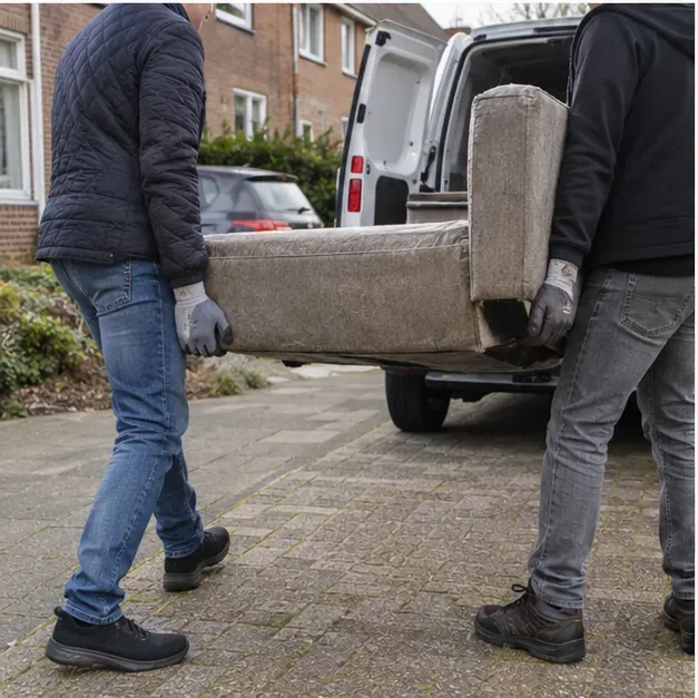 Twee volwassenen dragen een bankdeel veilig naar een bestelbus