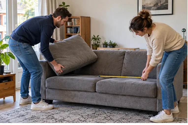 Twee bewoners bekijken en meten een grijs bankstel in een woonkamer voordat zij kiezen tussen hergebruik, ophalen of wegbrengen