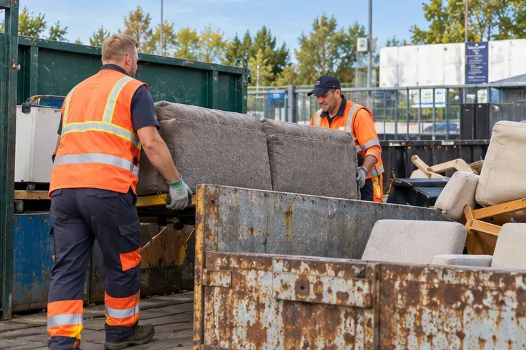 Medewerkers bij een milieustraat sorteren een oud gestoffeerd bankstel tussen andere grote meubelstukken