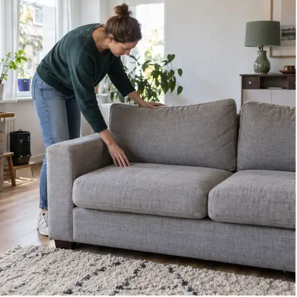 Persoon die de bekleding en het frame van een schoon stoffen bankstel controleert in een woonkamer