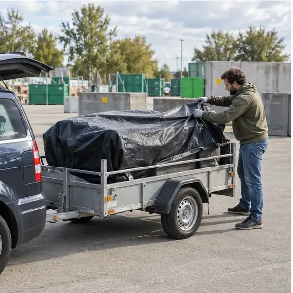Afgedekt bankstel op een aanhanger bij een algemeen gemeentelijk recyclingterrein