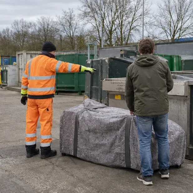 Een medewerker wijst bij een milieustraat de juiste container aan terwijl een bankstel wordt aangeleverd