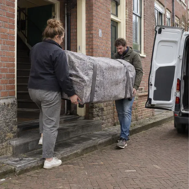 Twee mensen dragen een afgedekt bankstel naar een bestelbus