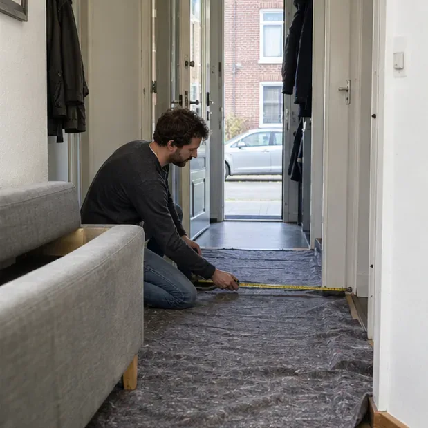 Een man meet de doorgang naast een bankstel voordat het wordt vervoerd