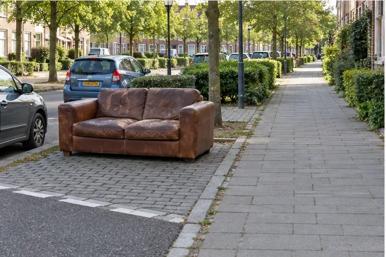 Een versleten bruine bank staat aan de straatzijde van een woonstraat, naast een vrijgehouden trottoir.