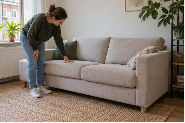 Een vrouw controleert de bekleding en zitting van een lichte stoffen bank in een woonkamer.