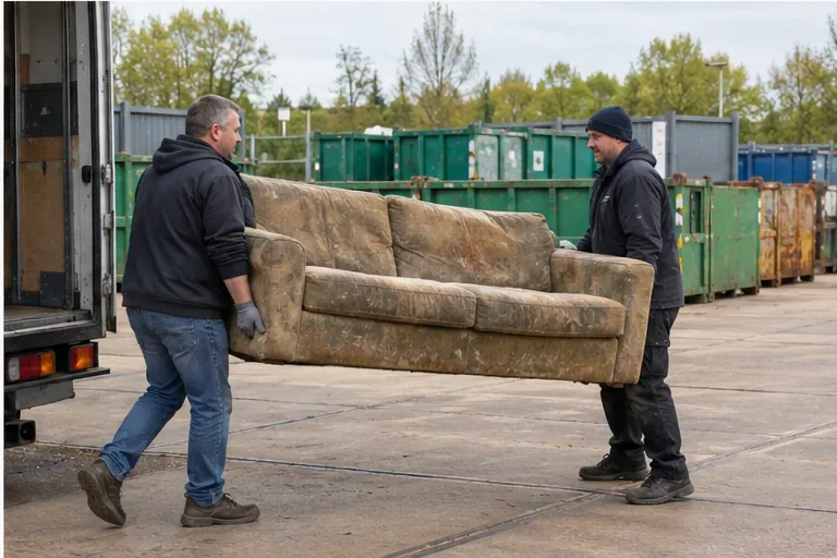 Twee mannen tillen een versleten bank uit een bestelbus op een terrein met grote afvalcontainers.