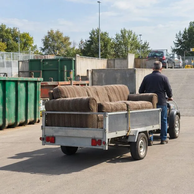 Een versleten bank staat op een aanhangwagen bij een terrein met grote afvalcontainers.