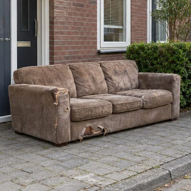 Een versleten, gescheurde bank staat op een bestraat terrein naast een woning.