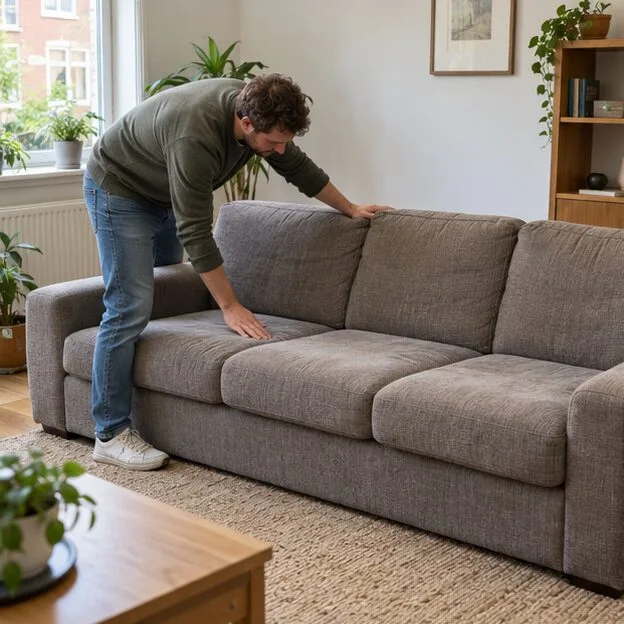 Een man controleert thuis de bekleding en zitting van een nette driezitsbank voordat hij beslist of hergebruik mogelijk is.