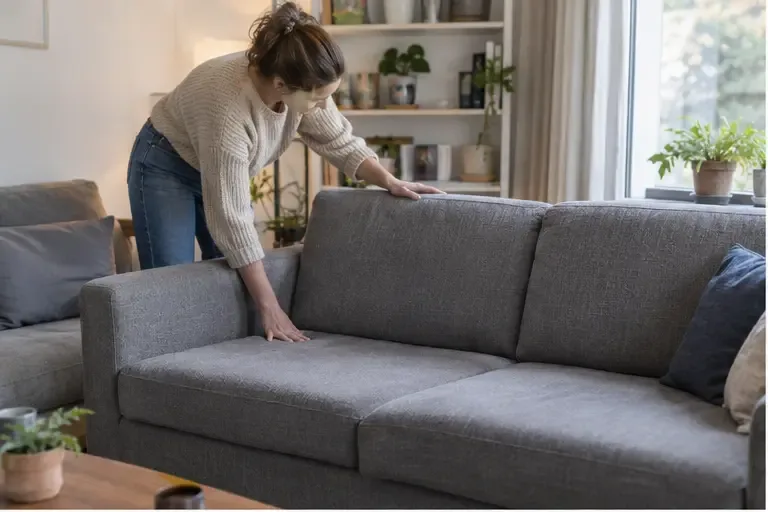 Een vrouw controleert de zitting en rugleuning van een grijs bankstel in een woonkamer