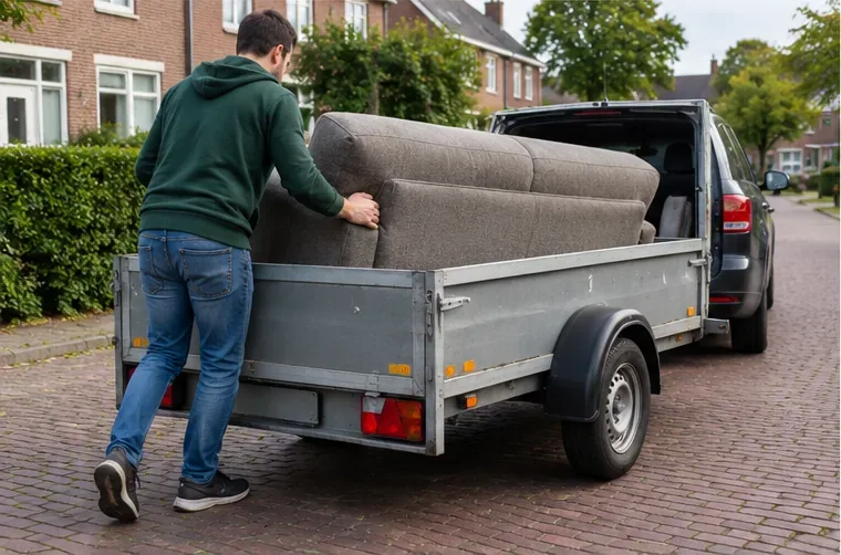 Een man laadt een grijs bankstel in een aanhanger achter een auto in een Nederlandse woonstraat