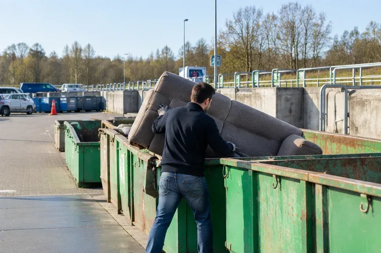 Een man plaatst een afgedankt grijs bankstel in een grote container op een milieustation