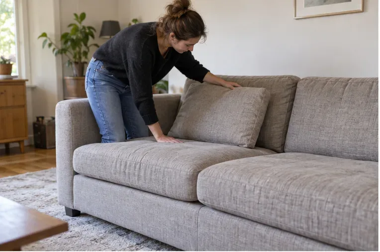 Een vrouw onderzoekt de kussens en bekleding van een lichtgrijs bankstel in een woonkamer