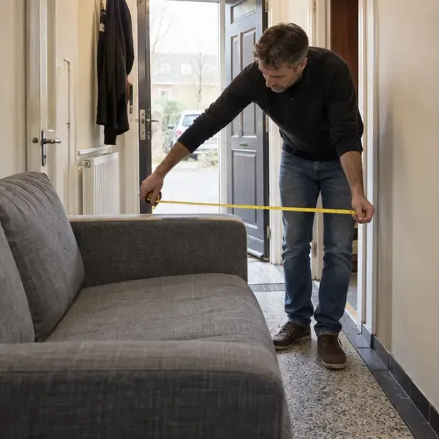 Een bewoner meet de breedte van een bankstel bij een geopende voordeur