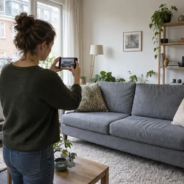 Een bewoner maakt een foto van een schoon grijs bankstel in een woonkamer