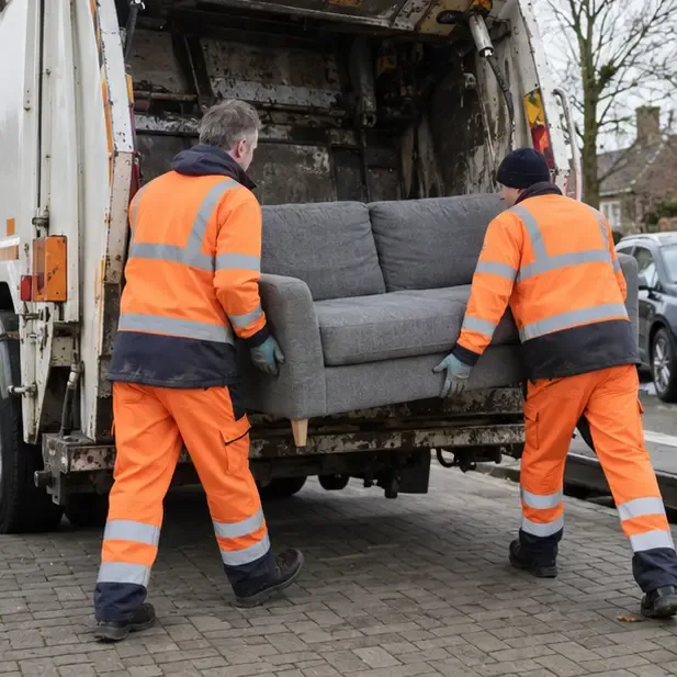 Twee afvalmedewerkers laden een bankstel met handschoenen in een onbestickerde inzamelwagen
