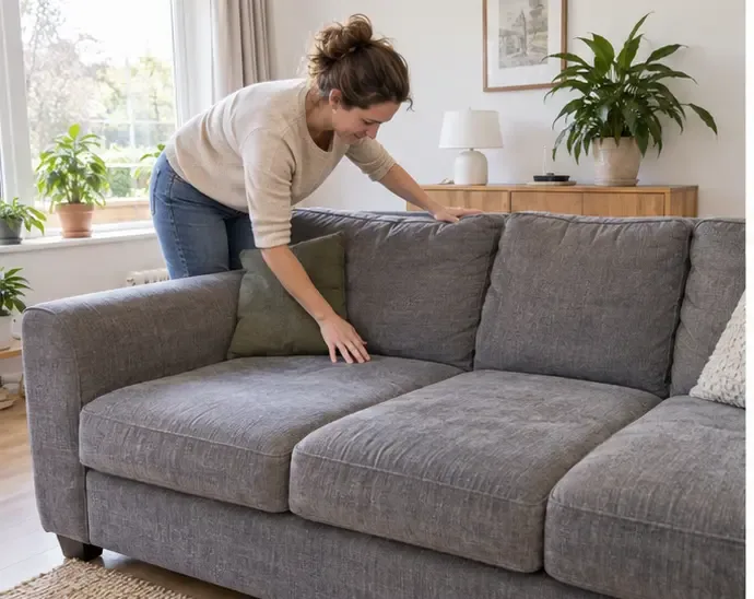 Een persoon controleert de bekleding en kussens van een gebruikt bankstel op hergebruik