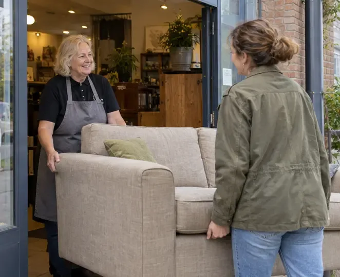 Een nog bruikbaar licht bankstel wordt bij de ingang van een kringloopwinkel aan een medewerker overgedragen