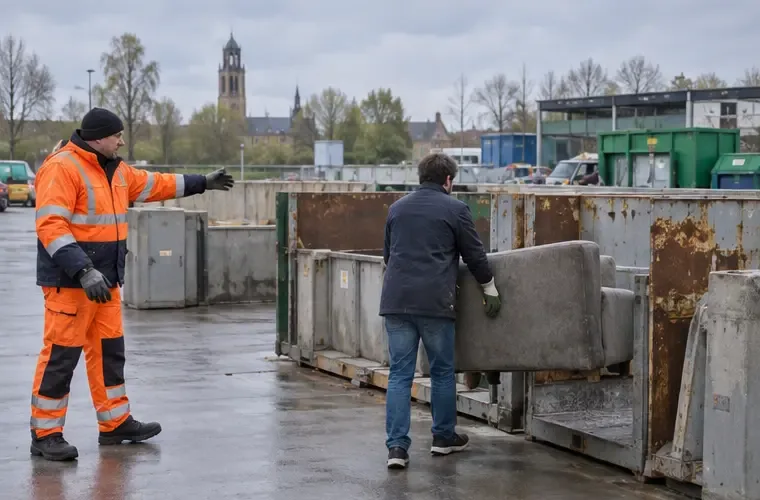 Een medewerker in oranje werkkleding wijst op een milieubrengstation de juiste container aan terwijl een bezoeker een bankdeel wegbrengt
