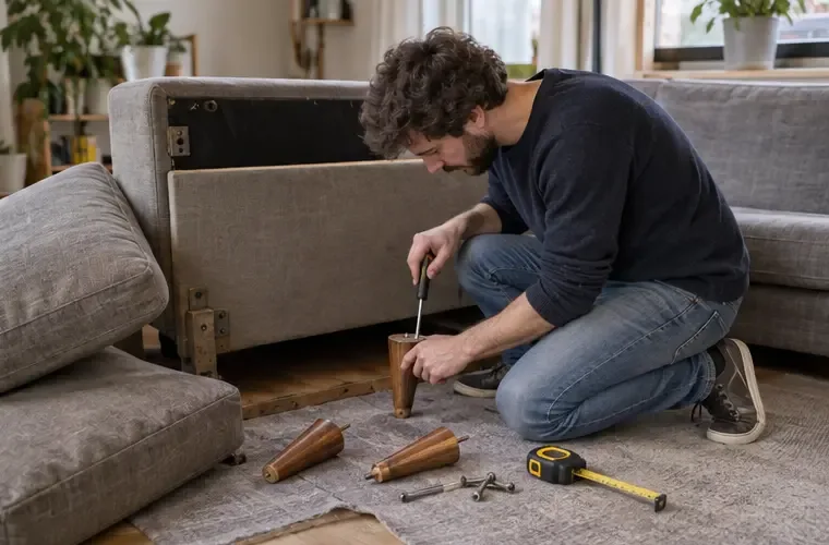Een man schroeft een afneembare bankpoot los terwijl losse kussens en gereedschap naast het bankstel liggen