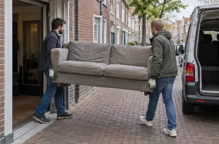 Twee personen dragen een bankstel door een voordeur naar een bestelwagen die klaarstaat aan de straat