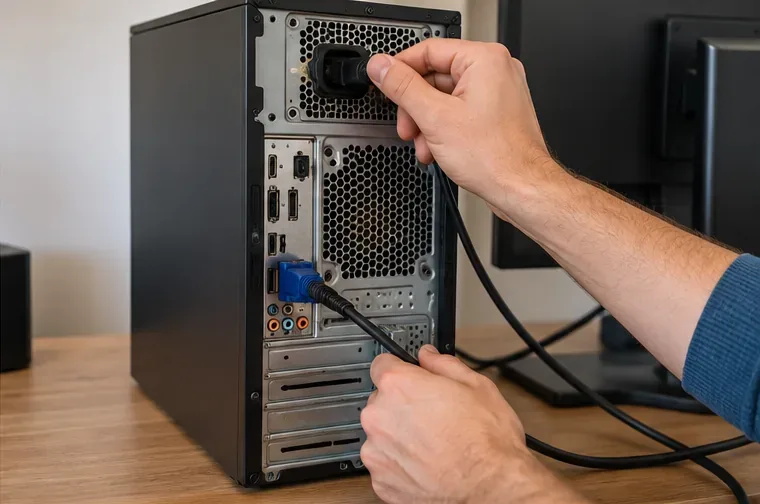 Handen koppelen voedings- en beeldschermkabels los van de achterkant van een desktopcomputer.