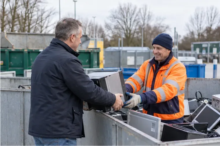 Een bezoeker overhandigt een desktopcomputer aan een medewerker bij een recyclelocatie met bakken voor elektronica op de achtergrond.