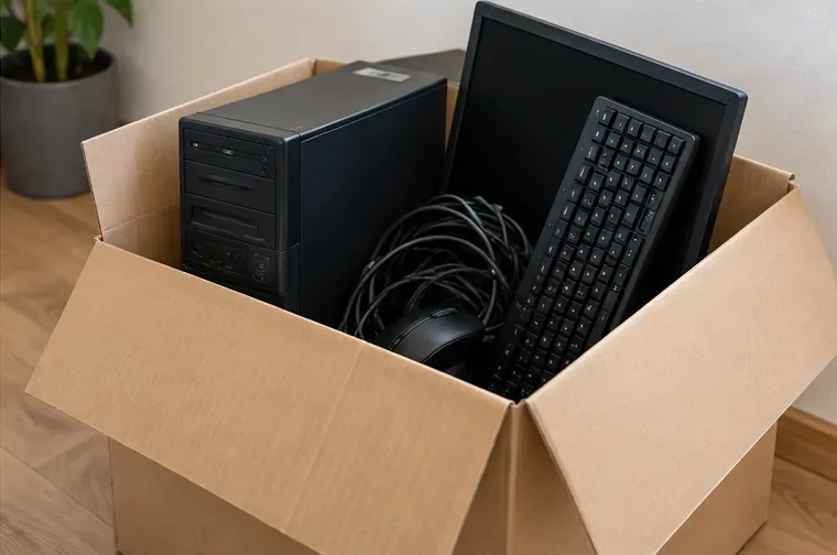 Een desktopcomputer, monitor, toetsenbord, muis en kabels staan samen in een stevige kartonnen doos.