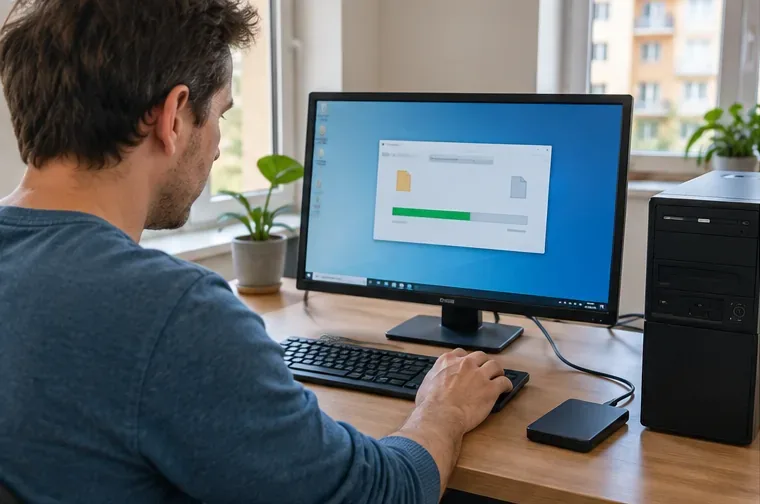 Een persoon maakt op een desktopcomputer een back-up naar een externe schijf.