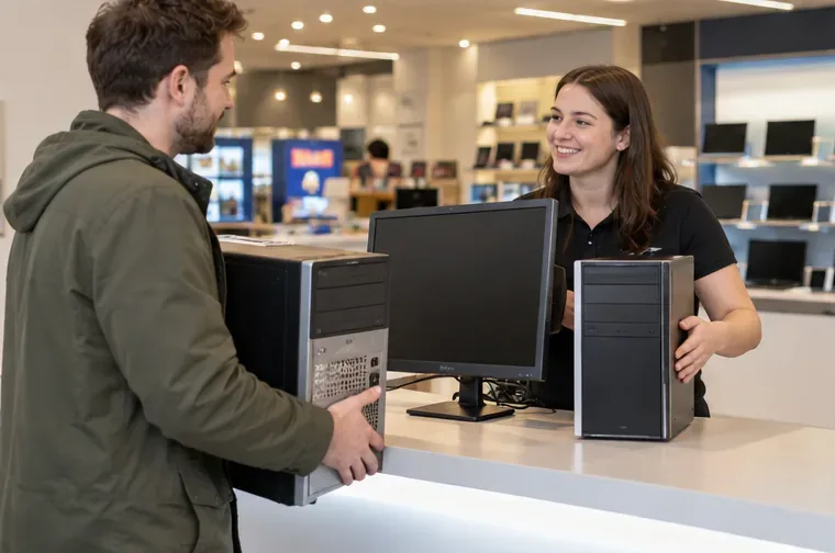 Een klant brengt een oude desktopcomputer naar de balie van een elektronicawinkel.