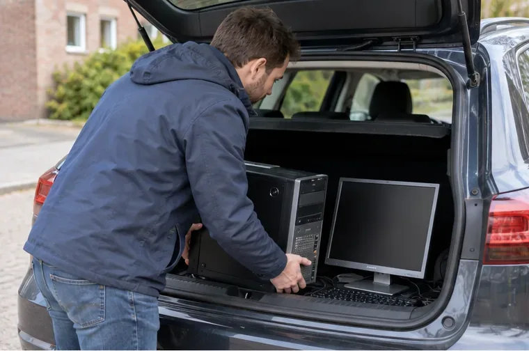 Een persoon laadt een desktopcomputer en monitor voorzichtig in de kofferbak van een auto.