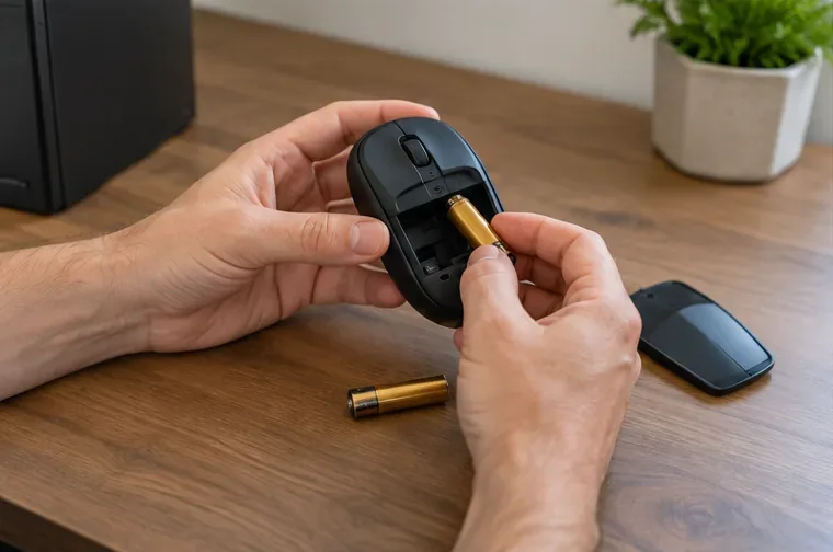 Handen halen een losse batterij uit het batterijvak van een draadloze computermuis.