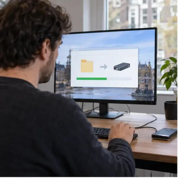 Een persoon maakt thuis een back-up van bestanden op een oude computer voordat het apparaat wordt afgedankt
