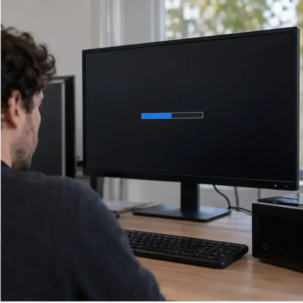Een persoon wist gegevens van een oude computer terwijl op het scherm een voortgangsbalk zichtbaar is