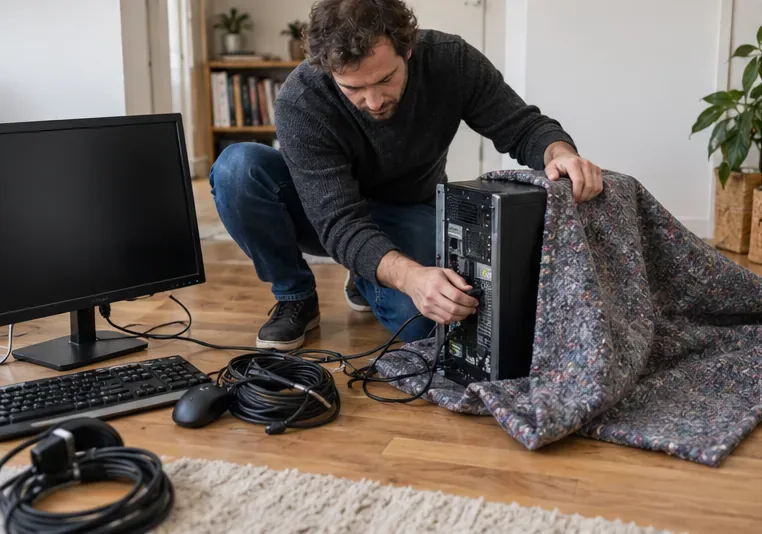 Computer voorbereiden: de computerkast wordt losgekoppeld en beschermd ingepakt, met kabels en randapparatuur apart.
