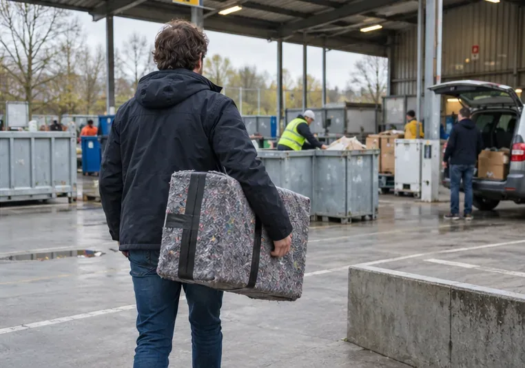 Inleveren: een inwoner brengt een ingepakte computer naar een inzamelpunt voor elektrische apparaten.