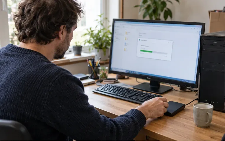 Gegevens veiligstellen: de gebruiker maakt een back-up van bestanden op een externe schijf voordat de computer wordt ingeleverd.