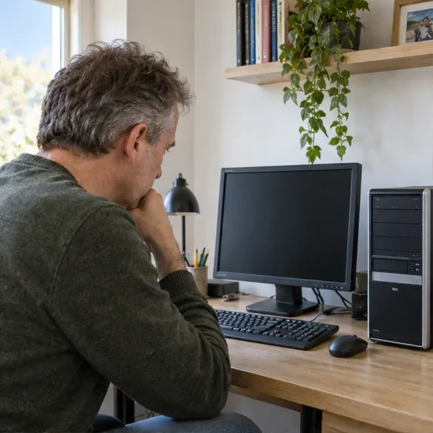 Een man bekijkt thuis een desktopcomputer met monitor en toetsenbord voordat hij beslist of hij deze doorgeeft of inlevert.