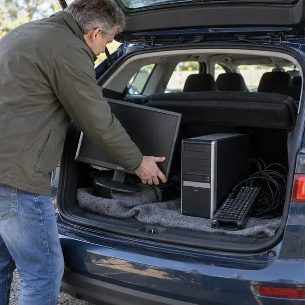 Een desktopcomputer, monitor, toetsenbord en kabels worden zorgvuldig in een auto geplaatst voor vervoer naar een inzamelpunt.