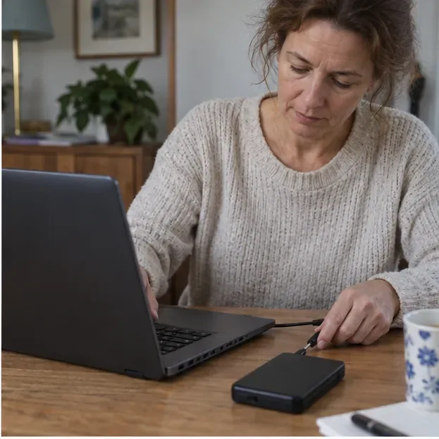 Een vrouw bereidt een laptop en een extern opslagstation voor; er staat geen leesbare software-informatie op het scherm.