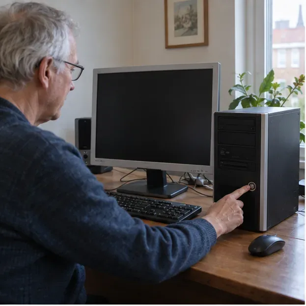 Een oudere man test thuis een desktopcomputer met monitor voordat hij beslist over hergebruik of inlevering.