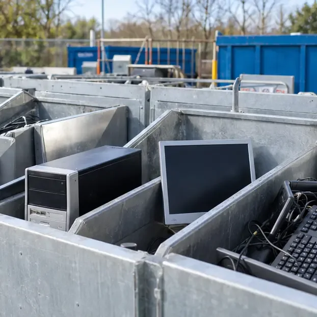 Een desktopcomputer, monitor en toetsenbord liggen gescheiden in metalen bakken voor elektronisch afval