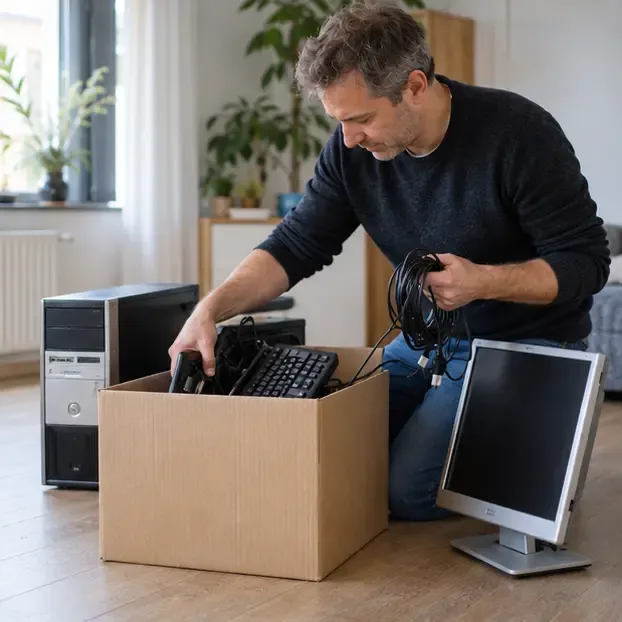 Een man sorteert een oude computer, monitor, toetsenbord en kabels in een kartonnen doos