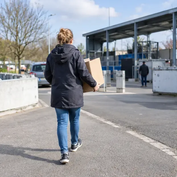 Een persoon draagt een doos met een oude computer naar een algemeen gemeentelijk recyclingstation