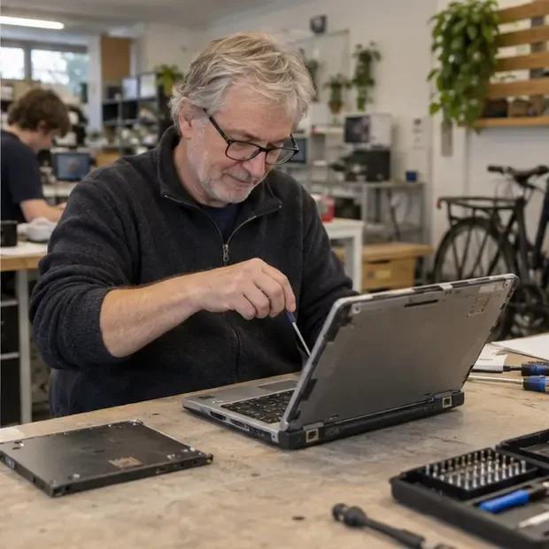 Een vrijwilliger onderzoekt een oude laptop in een reparatiewerkplaats met gereedschap op tafel