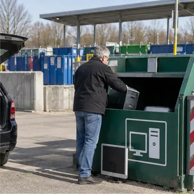 Een bezoeker brengt een oude desktopcomputer en monitor naar een elektronica-container op een recyclinglocatie